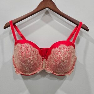 Victorias Secret Dream Angels Lined Demi Bra 38DD Red Ivory Lacey Rhinestones